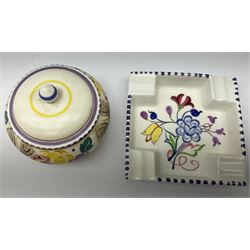 Collection of Poole pottery, comprising ceramic lamp in baluster form H31.5cm, ceramic lamp H14cm, squat circular bowl with cover and trinket tray, all with floral decoration, with two lamps. 