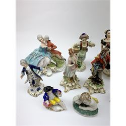 A group of various Continental figures, to include examples marked Dresden and Capodimonte, plus others with spurious blue cross marks beneath. (14). 