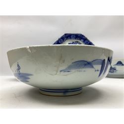 19th century Chinese blue and white bowl decorated with  pagoda river scenes, together with three plate oriental blue and white ceramics 
