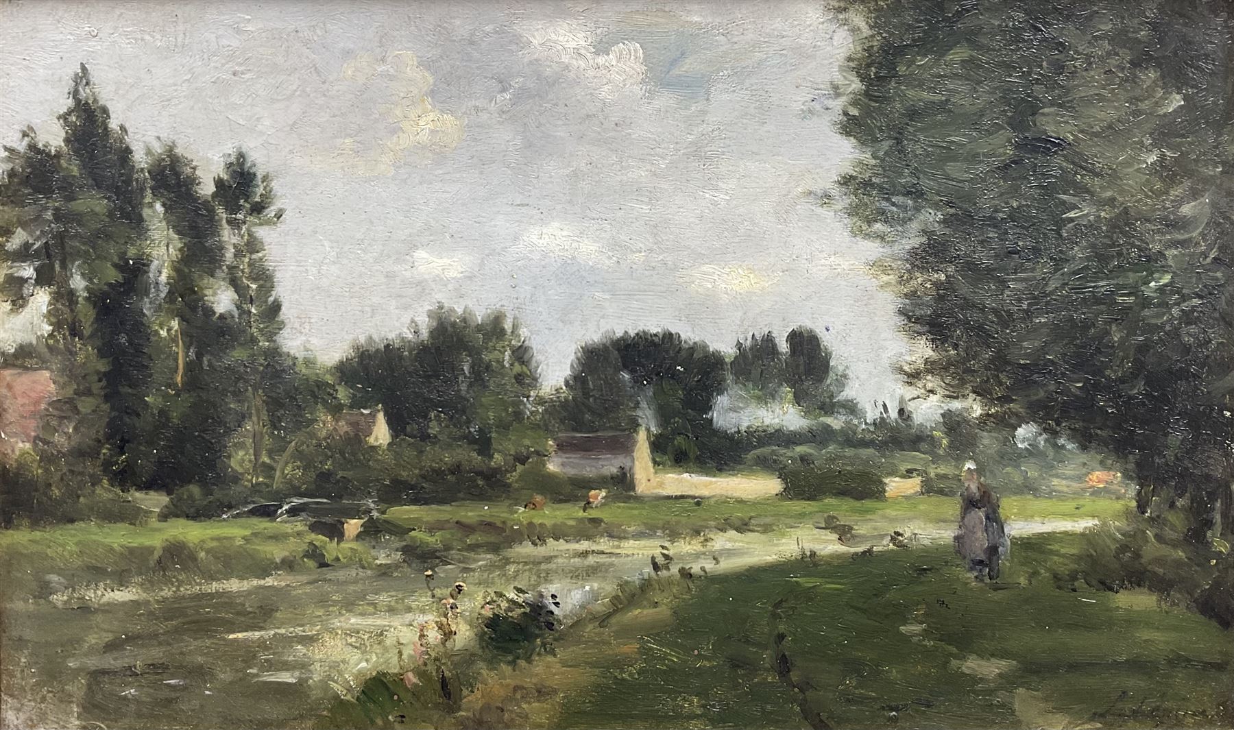 Stanislas Lépine (French 1835-1892): Figure by the Riverside, oil on canvas signed 19cm x 32cm
