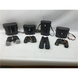Nine cased pairs of binoculars to include Lieberman & Gortz 12x50, Frank Nipole 8x56, Uniscope, Hoya mark II 8x40, Porst 8x56 etc