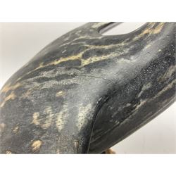 Wooden sculpture of Cormorant aquatic bird on a naturalistic wooden plinth, H46cm