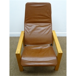  Oak framed chocolate leather armchair, W68cm, H96cm, D70cm  