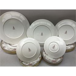 Royal Doulton Canton pattern tea and dinner wares comprising teapot, milk jug, twin handled lidded sucrier, cake plate, six dinner plates, six side plates, five smaller plates, five saucers and pair of candlestick holders, together with Sevres clear glass decanter with faceted sides and stopper, all with marks beneath