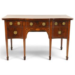 George III inlaid mahogany serpentine sideboard, the shaped top with crossbanding and sati...
