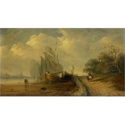 Attrib. John Wilson Ewbank (British 1779-1847): Sailing Barges Moored on the Banks of an Estuary, oil on board unsigned 20cm x 35cm