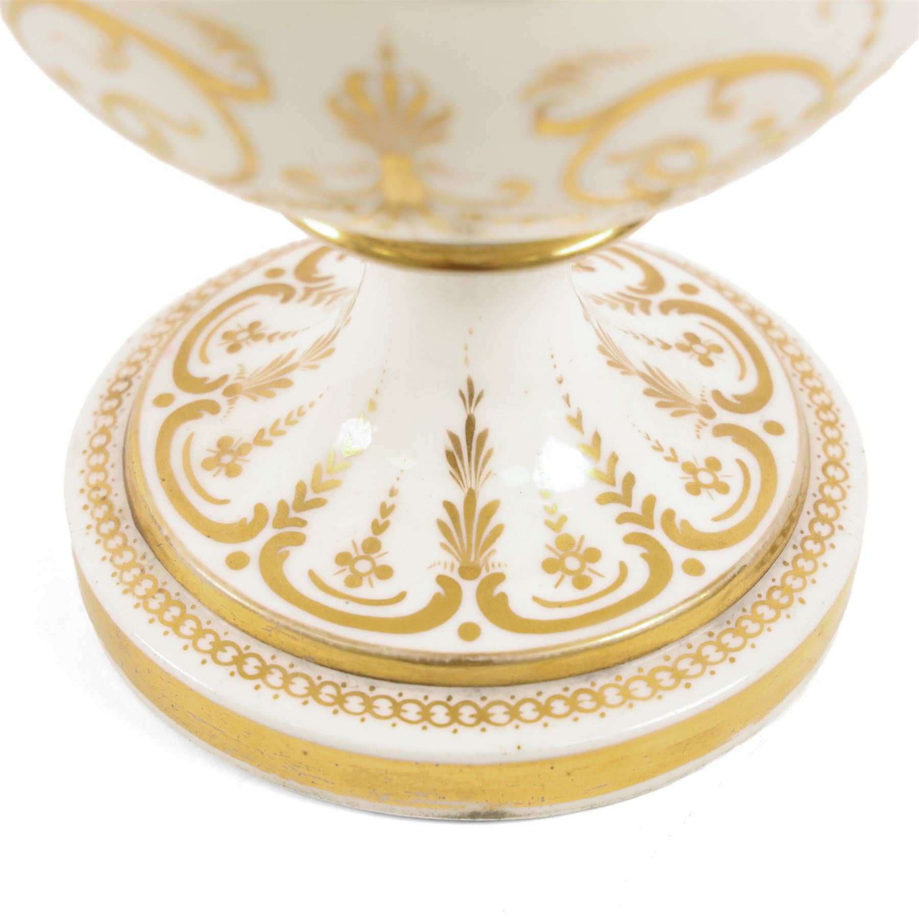 19th Century twin handled campana vase, probably Coalport, hand painted with a river scene upon a green ground with gilt detail, H27cm