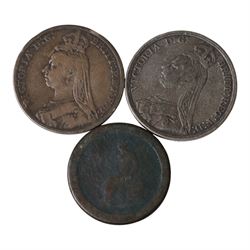 Two Queen Victoria silver one crown coins, 1887 and 1887, and a George III 'cartwheel' penny (3)