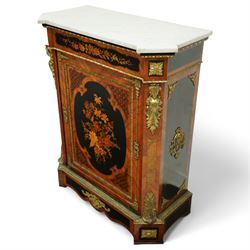 Late Victorian floral marquetry and ormolu mounted side cabinet, with white marble top above a frieze of floral inlay, single cupboard door revealing a shelved interior, with central floral bouquet panel within gilt-bronze border, flanked by gilt metal mounts of female masks and scrolls, on shaped plinth base