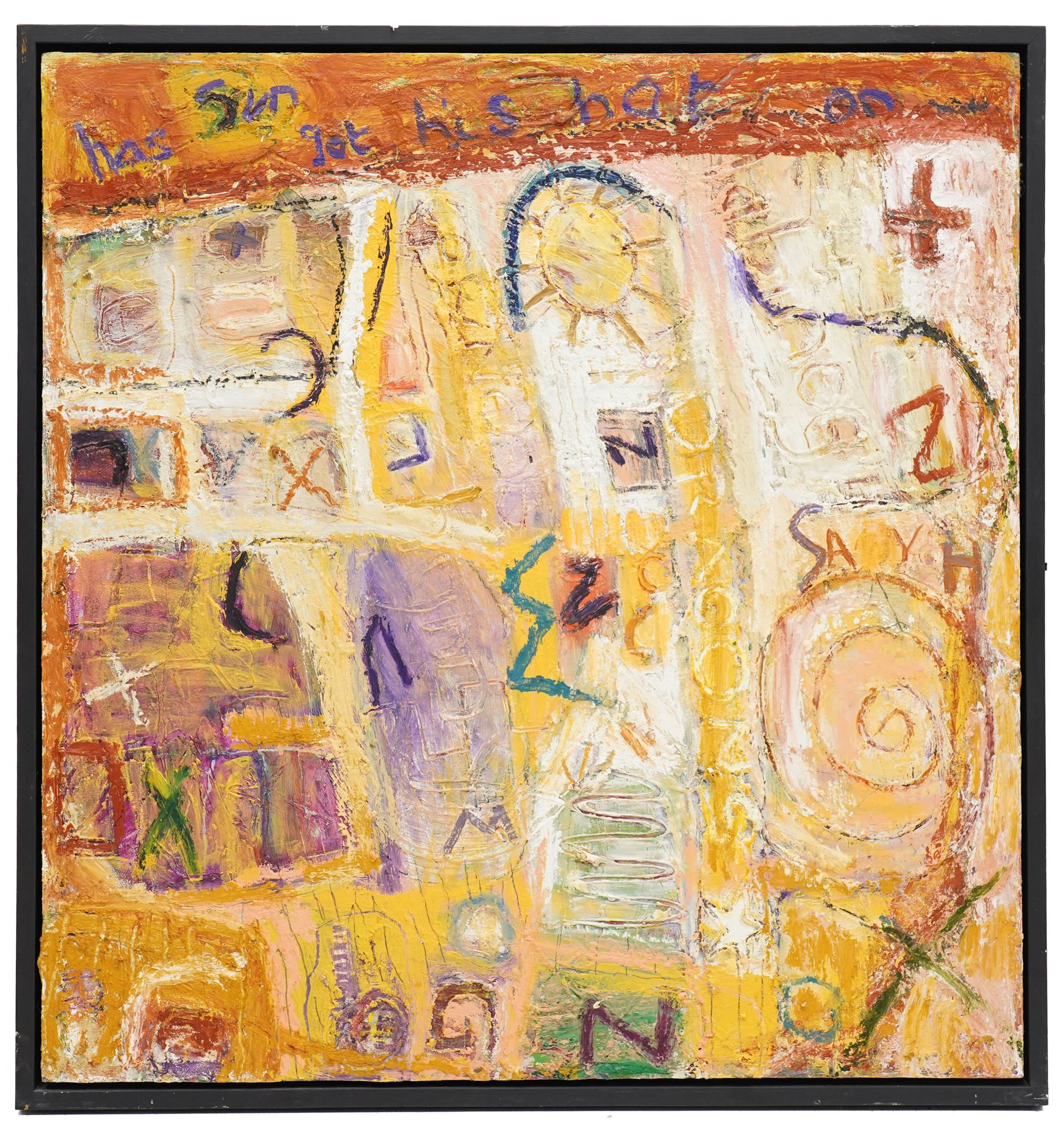 Gillian Ross Kelsey (British 1935-2025): 'The Sun Has Got His Hat On', acrylic on board unsigned 107cm x 102cm
