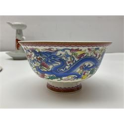 Collection of Chinese ceramics, to include enamelled footed bowl, decorated with a dragon and bird, blue and white dish with figures in a garden, oil lamp etc 