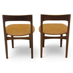 Mid 20th century living room furniture, comprising of a pair of Nathan teak dining chairs, each with curved open backrests and shaped seats, together with a Danish teak coffee table, rectangular top inset with decorative ceramic tiles, on square tapered supports
Chairs (H 73cm, W 48cm)
Table (H 41cm, W 81cm, D 47cm)