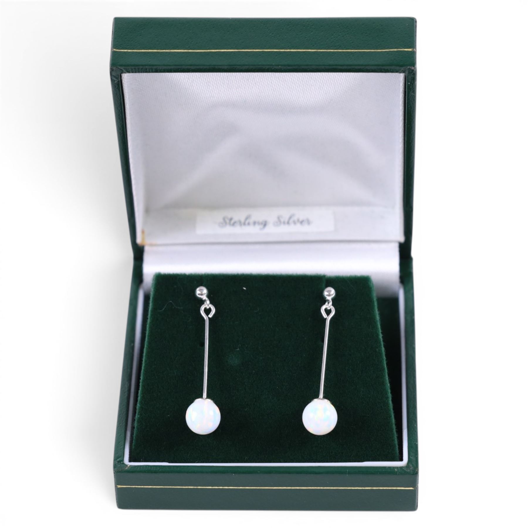 Pair of silver opal pendant earrings, L3.5cm, boxed