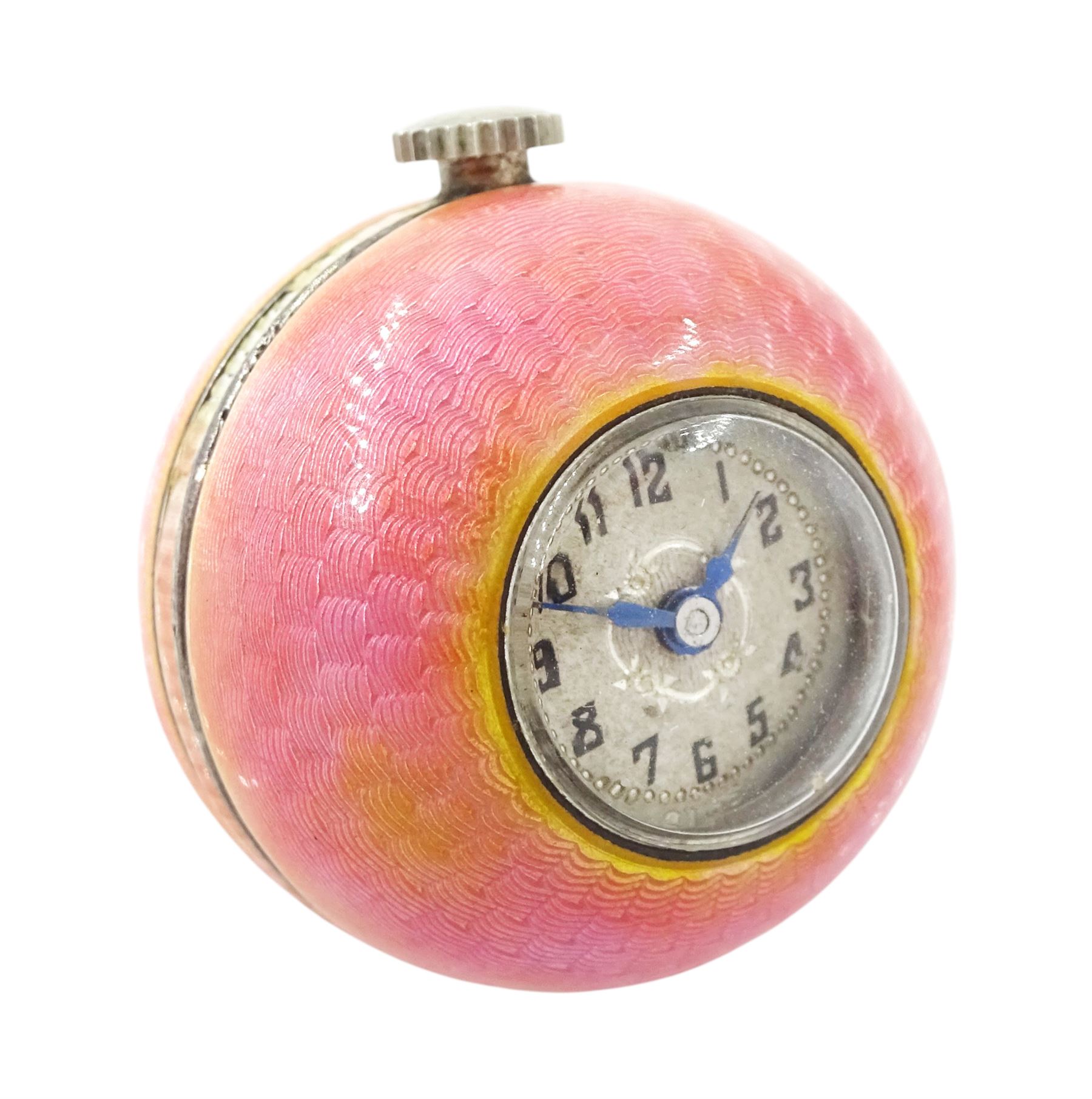 Early 20th century ladies keyless cylinder ball watch, silvered dial with Arabic hour markers and pink guilloche enamel decoration