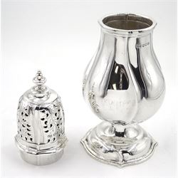 1920's silver sugar caster, of wrythen form with removable foliate pierced cover with knop finial, upon a spreading shaped foot, hallmarked Harrison Brothers & Howson, Sheffield 1927, H21cm, approximate weight 9.22 ozt (287 grams)