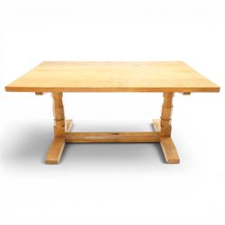 Lizardman - 5' oak refectory dining table, rectangular adzed top, octagonal turned supports united by stretcher with carved lizard signature, by Derek Slater of Crayke