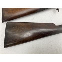 19th century English 14-bore single barrel percussion sporting gun with 71cm cut-down  octagonal to round barrel with under rib, walnut half stock with chequered grip and early type rear trigger guard with pineapple finial L116cm overall; and 19th century 17-bore single barrel percussion gun by T. Lonargan with 43cm cut-down stub-twist octagonal to round barrel L88cm overall (2)