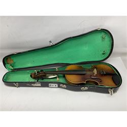 Two three-quarter size violins - German Saxony with 34cm one-piece maple back and ribs and spruce top; L56cm overall; and Hungarian with 34cm two-piece maple back and ribs and spruce top; L56cm overall; each in carrying case with bow (2)