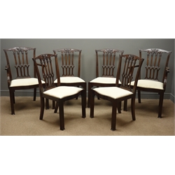  Set six Chippendale style mahogany dining chairs (4+2), upholstered seats, square moulded supports  