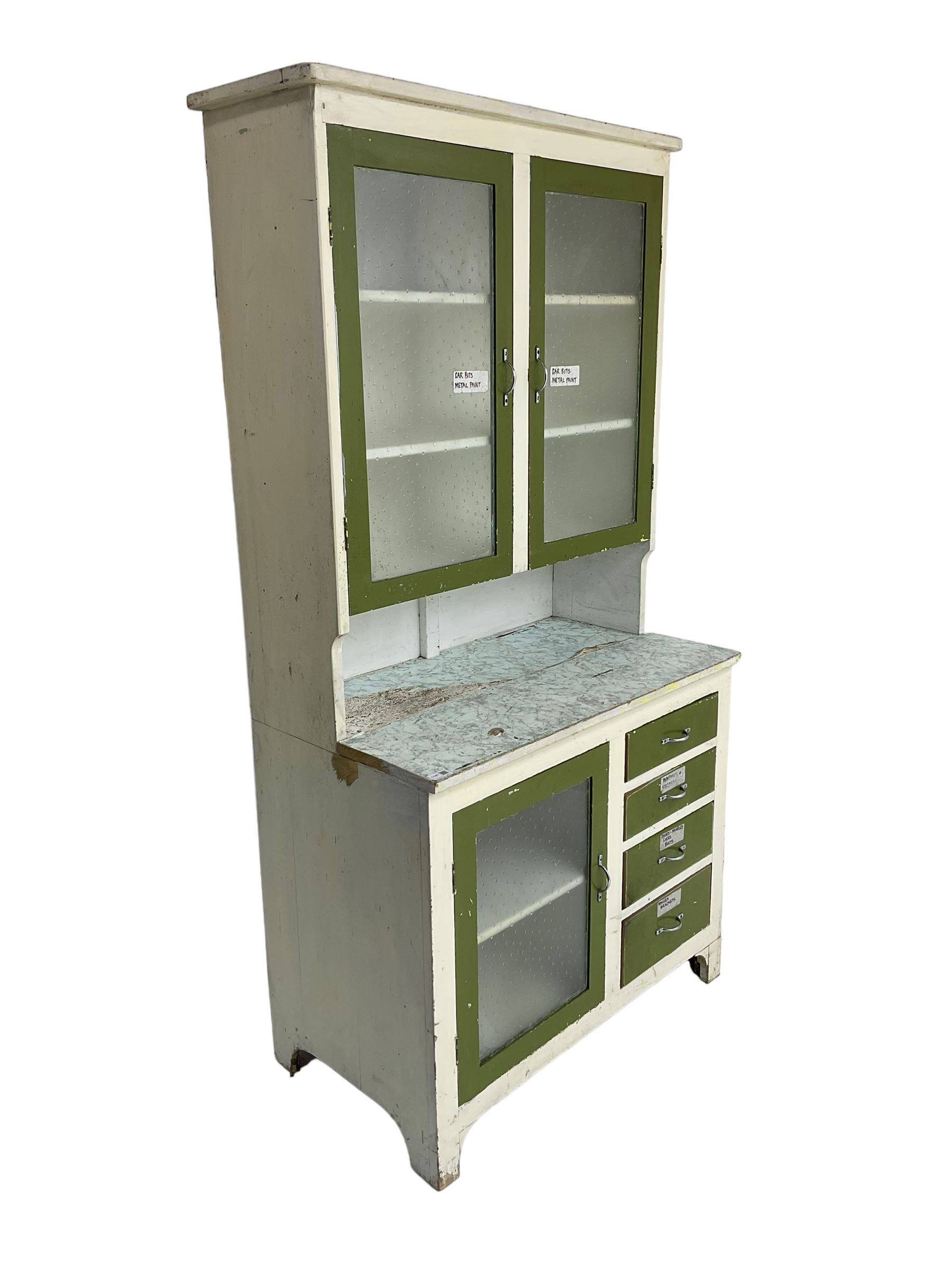 Mid-20th century painted kitchenette, raised glazed cabinet over single glazed door and four drawers