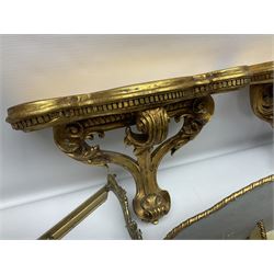Five various giltwood and other hall brackets, one with marble top; and Viking ship table lamp