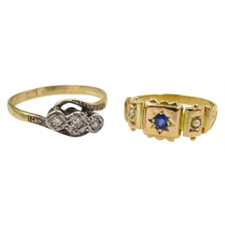 Edwardian 18ct gold sapphire and pearl gypsy ring and a 9ct gold three stone diamond ring