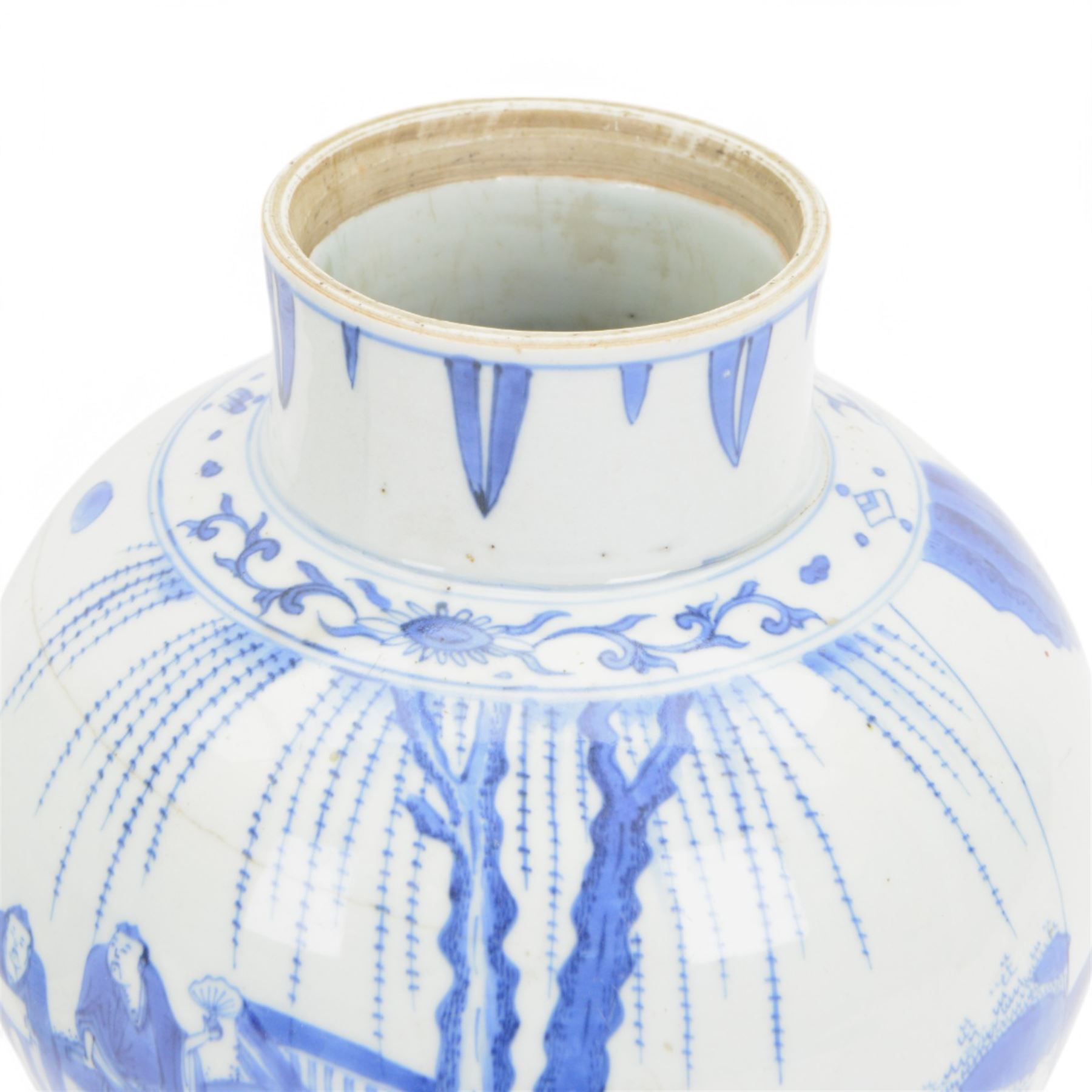 Pair of Chinese Kangxi blue and white porcelain vases, each of baluster form, painted with an outdoor scene containing figures seated upon the ground reading scrolls and holding fans, willow and bamboo tress, rock work and water, H27cm