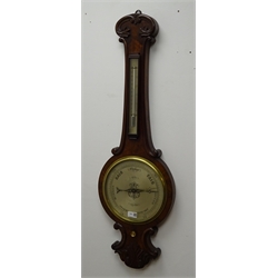  William lV wheel barometer with thermometer, scroll carved walnut case with silvered dials, inscribed Hyde Sleaford, H100  