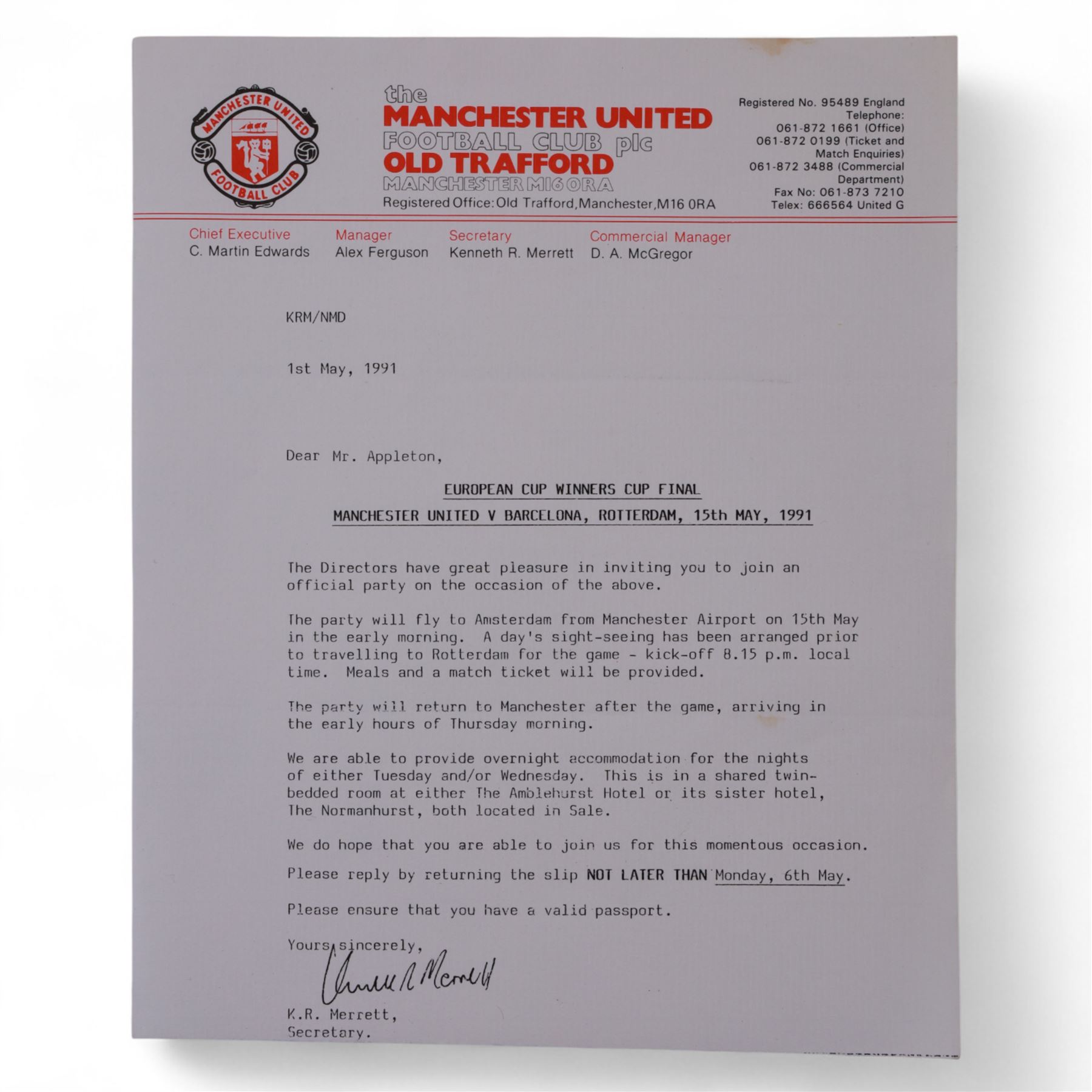 Manchester United football memorabilia relating to Colin Appleton, former Leicester City captain and Scarborough FC manager, including two letters from Manchester United club secretary Ken Merrett inviting Colin to join the official party for the European Cup Winners Cup Final between Manchester United and Barcelona, Rotterdam 1991 and the FA Cup Final 1990, two programmes for the above European cup match and three Rotterdam rosettes, ticket stubs for the 1991 Rumbelows League Cup finals and an Official Staff Party itinerary for this match, Challenge Cup Final Tie 1990 ticket stubs, three representative passes, boarding passes and plane tickets