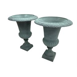 Pair of Victorian design teal painted cast iron campana shaped garden urns, egg and dart rim over a gadrooned underbelly, tapering column on square plinth base - THIS LOT IS TO BE COLLECTED BY APPOINTMENT FROM DUGGLEBY STORAGE, GREAT HILL, EASTFIELD, SCARBOROUGH, YO11 3TX