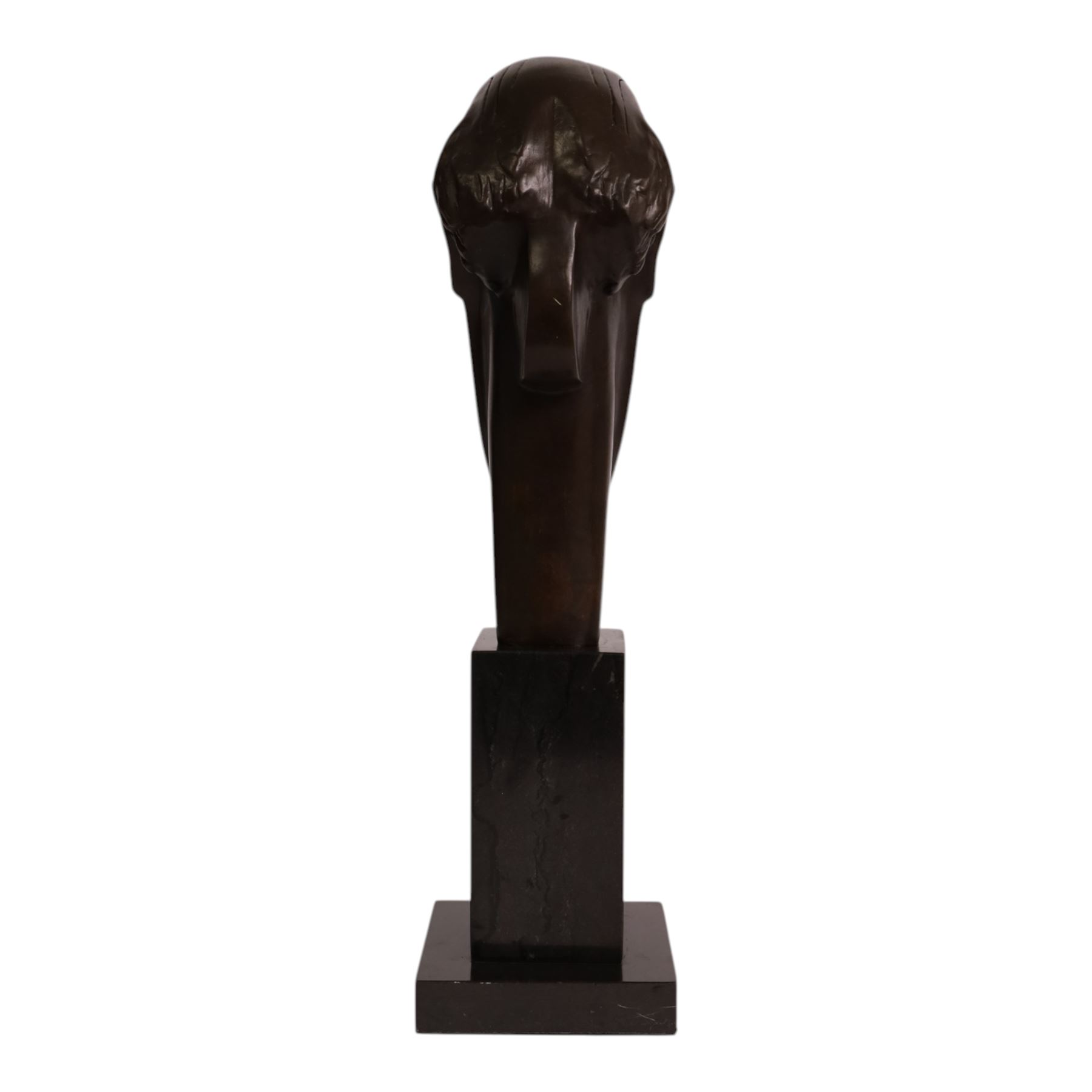 After Amedeo Modigliani - bronze sculpture modeled as a female face, upon a square base, overall H38cm