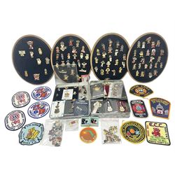 Quantity of pin badges and sew on patches to include Robertson’s Golly, featuring pre-WW2 examples, The Magic Roundabout, Hard Rock Cafe etc 