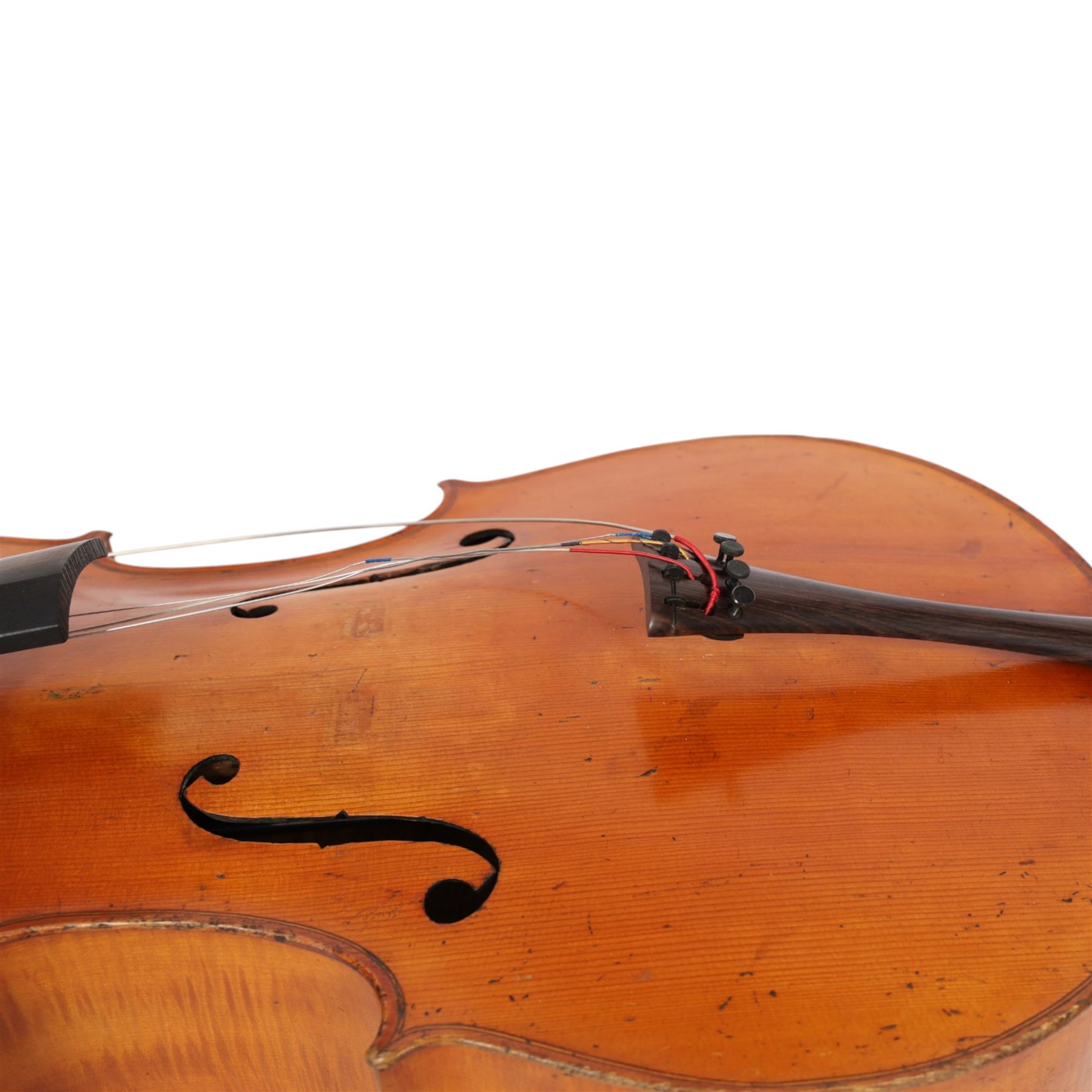 19th century cello, with two piece back and ebonised finger board, contained within a hardcase, cello back length 75cm
