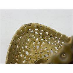 Hungarian Zsolnay Pecs gilt and green reticulated basket, upon four feet, with gold mark beneath, H14cm L21cm