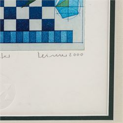 Hans-Joachim 'Jockel' Reisner (German 1938-2023): 'The Master' and 'Libra', two coloured etchings signed titled dated 2000 and 2001, one numbered 8/10 in pencil and stamped with blindstamp max 21.5cm x 15.5cm (2)
Notes: Reisner is best known for creating the Bradford City Fire Memorial in 1986. His style of printmaking is characterised by geometric lines and shapes, influenced by his degree in engineering.