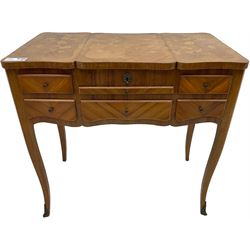 French inlaid walnut dressing table, fold-out top with rectangular mirror plate. decorated with floral inlays, flanked by two fold-out hinged compartments, fitted with brushing slide over single drawer, flanked by three faux drawers and one real, on cabriole supports with gilt metal mounts