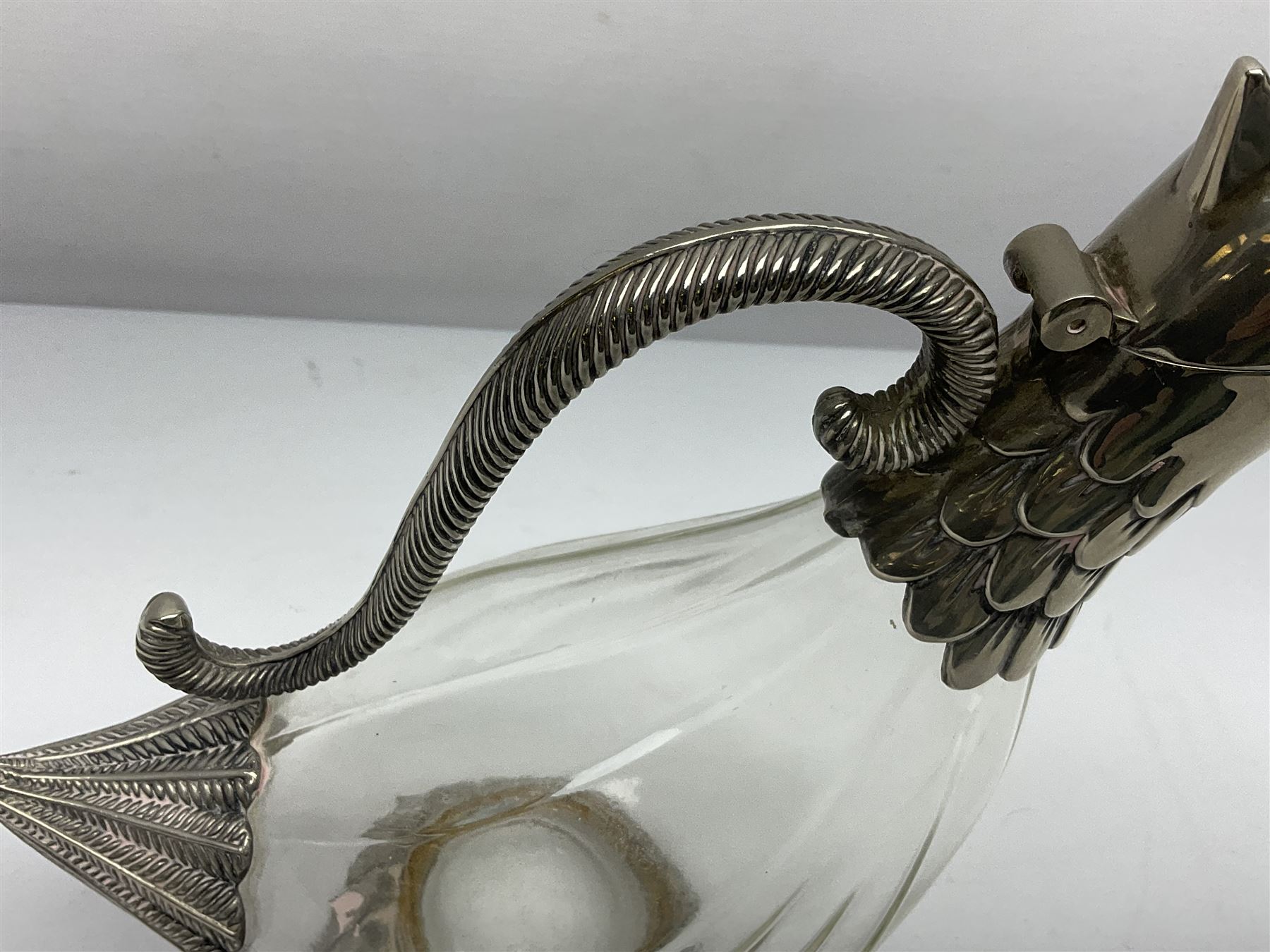 Silea silver plate mounted glass claret jug, in the form of a duck, with makers mark beneath, H26cm
