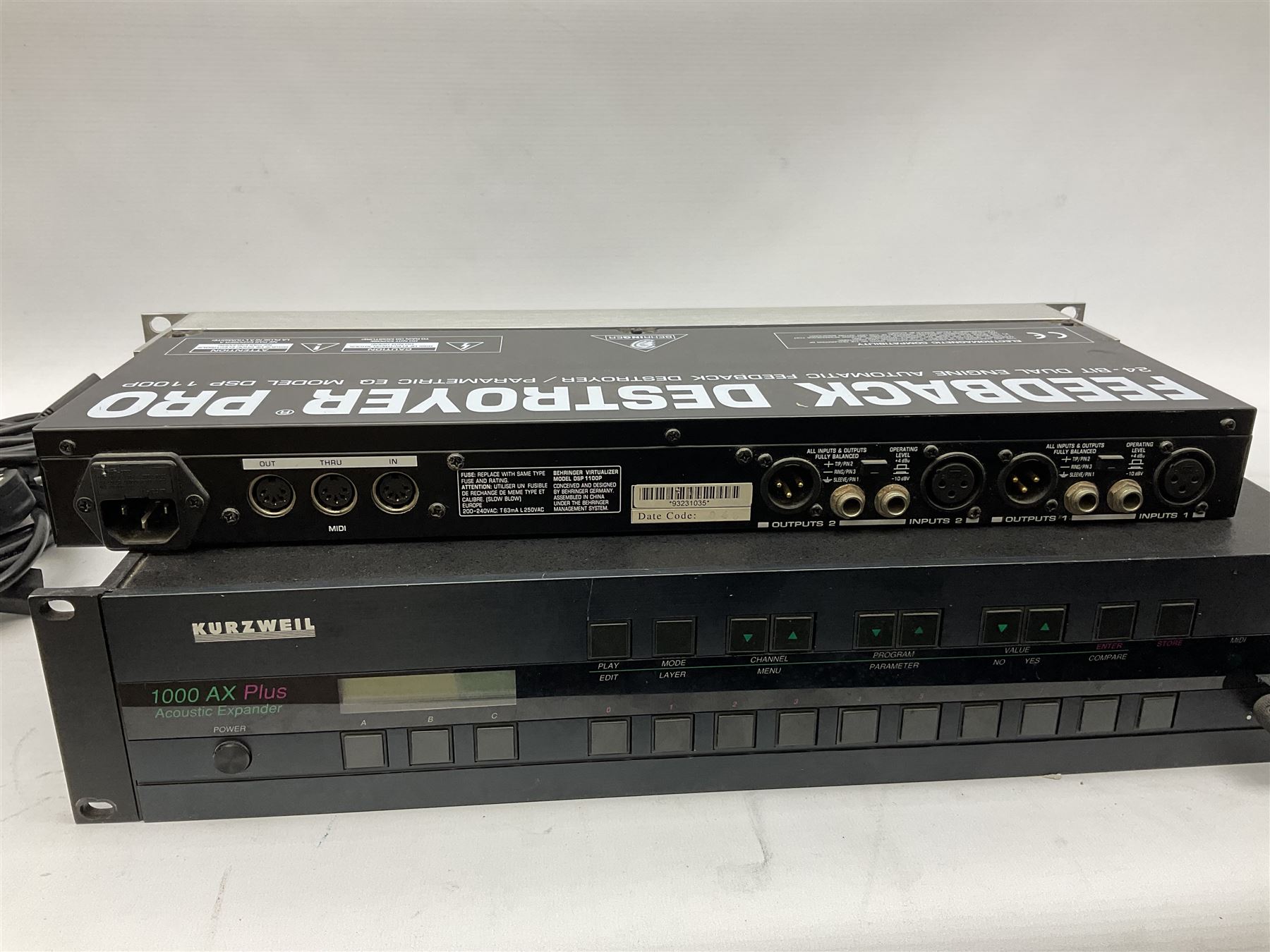Kurzweil 1000AX Plus acoustic expander, serial no.89030049; and Behringer SNR2000 Denoiser, serial no.78362 02452 04 with Feedback Destroyer Pro Model DSP1100P; all with leads (3)