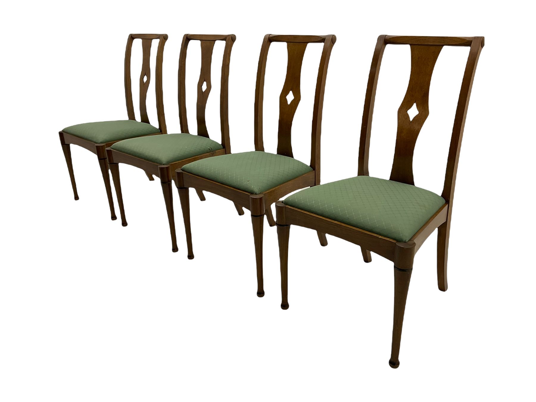 Set of eight contemporary walnut dining chairs, curved backs set with shaped splats with pierced detail, drop in upholstered seat cushions, on turned supports 