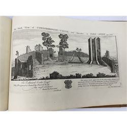 Samuel Buck: Ruins, Abbeys and Castles of Yorkshire. Bound collection of twenty-five engraved views dated 1720 - 1728 including Burstal Abbey Hull, Bolton Abbey, Whitby Abbey, Scarborough Castle, Malton Priory etc and list of subscribers; oblong folio; mottled half leather and suede binding by Etherington, Thorpe & Co., Pudsey