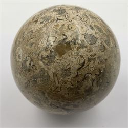 Fossilised coral sphere, upon a carved stone base, D10cm