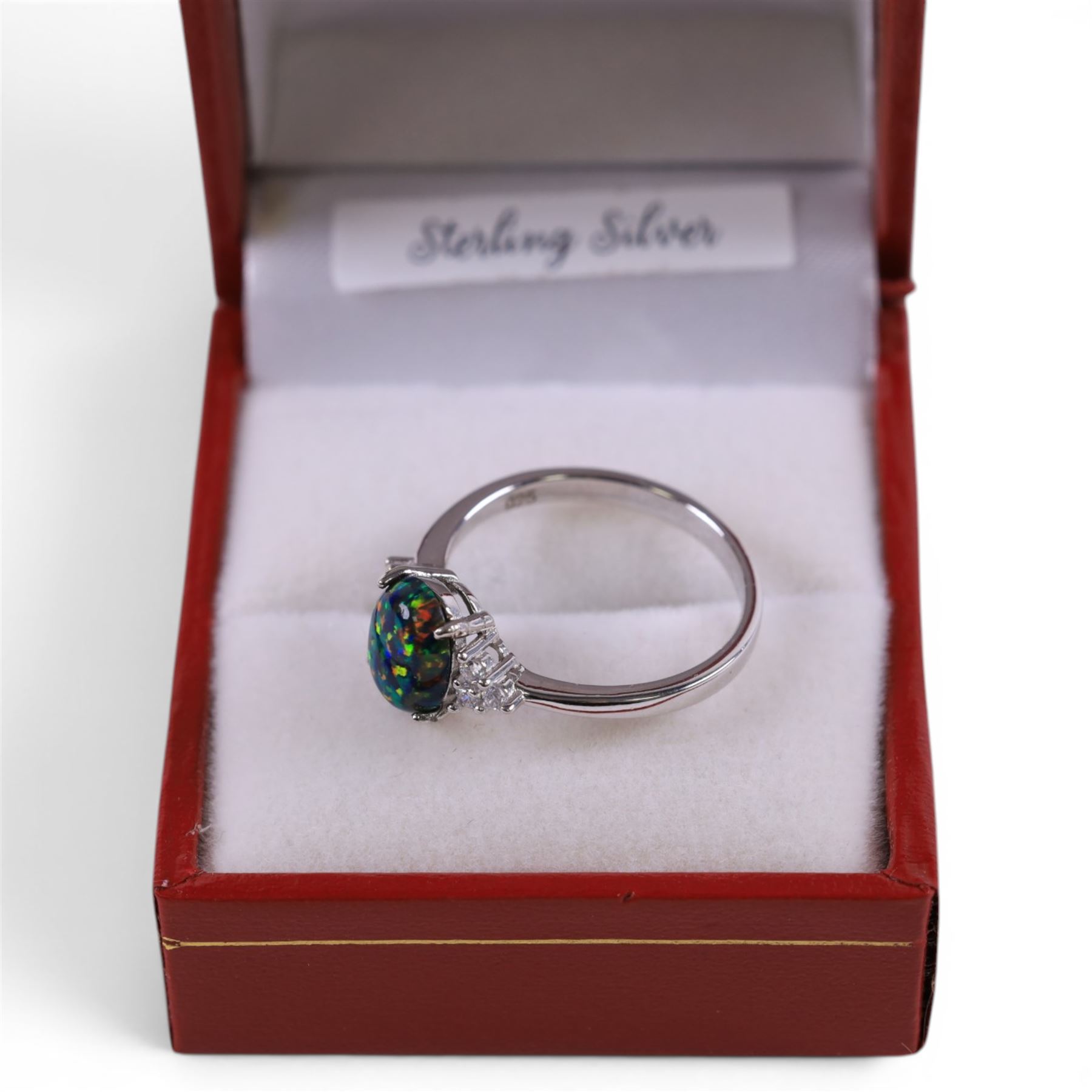 Silver opal doublet and cubic zirconia ring, boxed