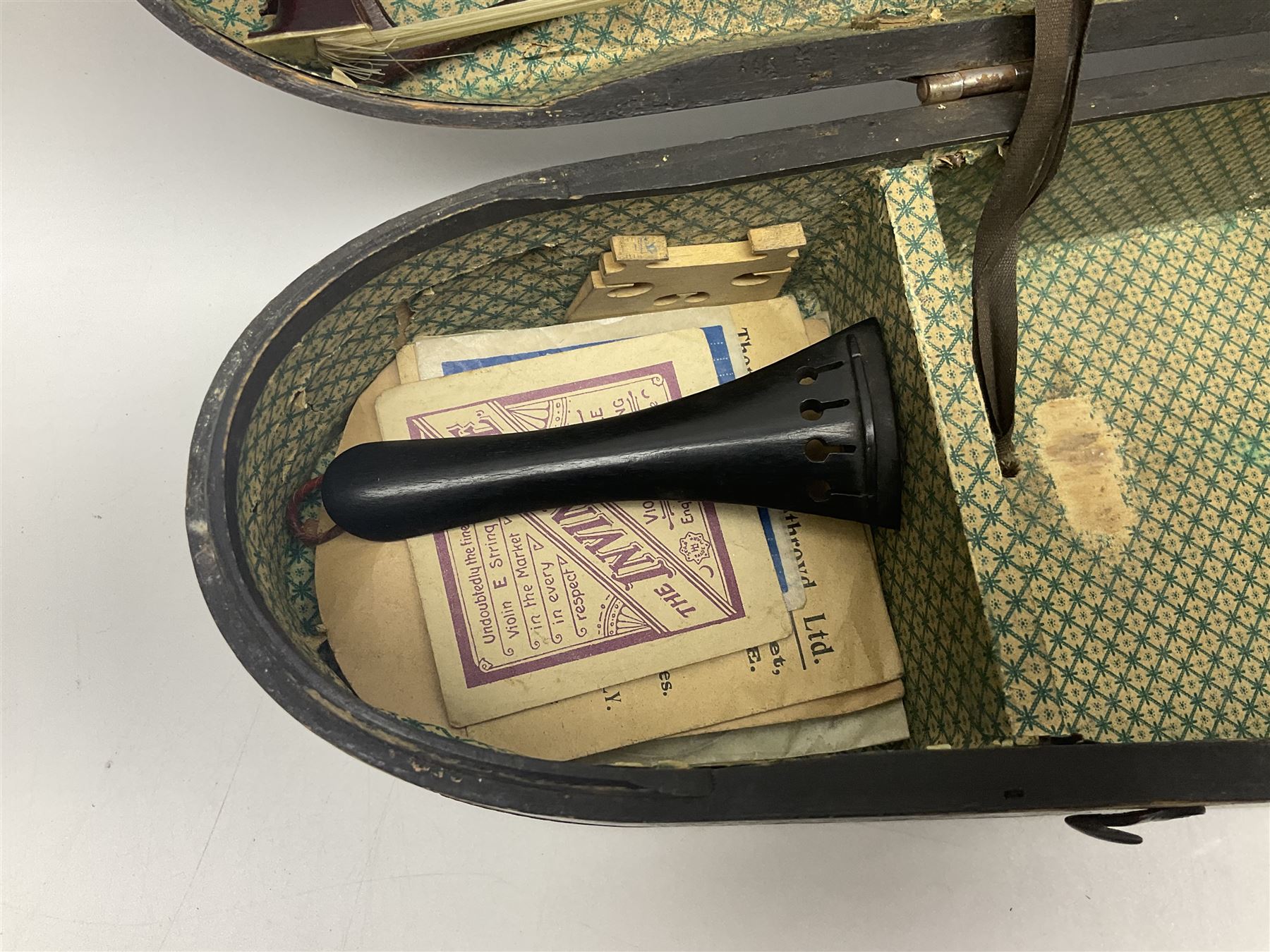 German violin c1900 for re-assembly with 36cm two-piece maple back and ribs and spruce top; L59cm; in ebonised wooden 'coffin' case with two bows