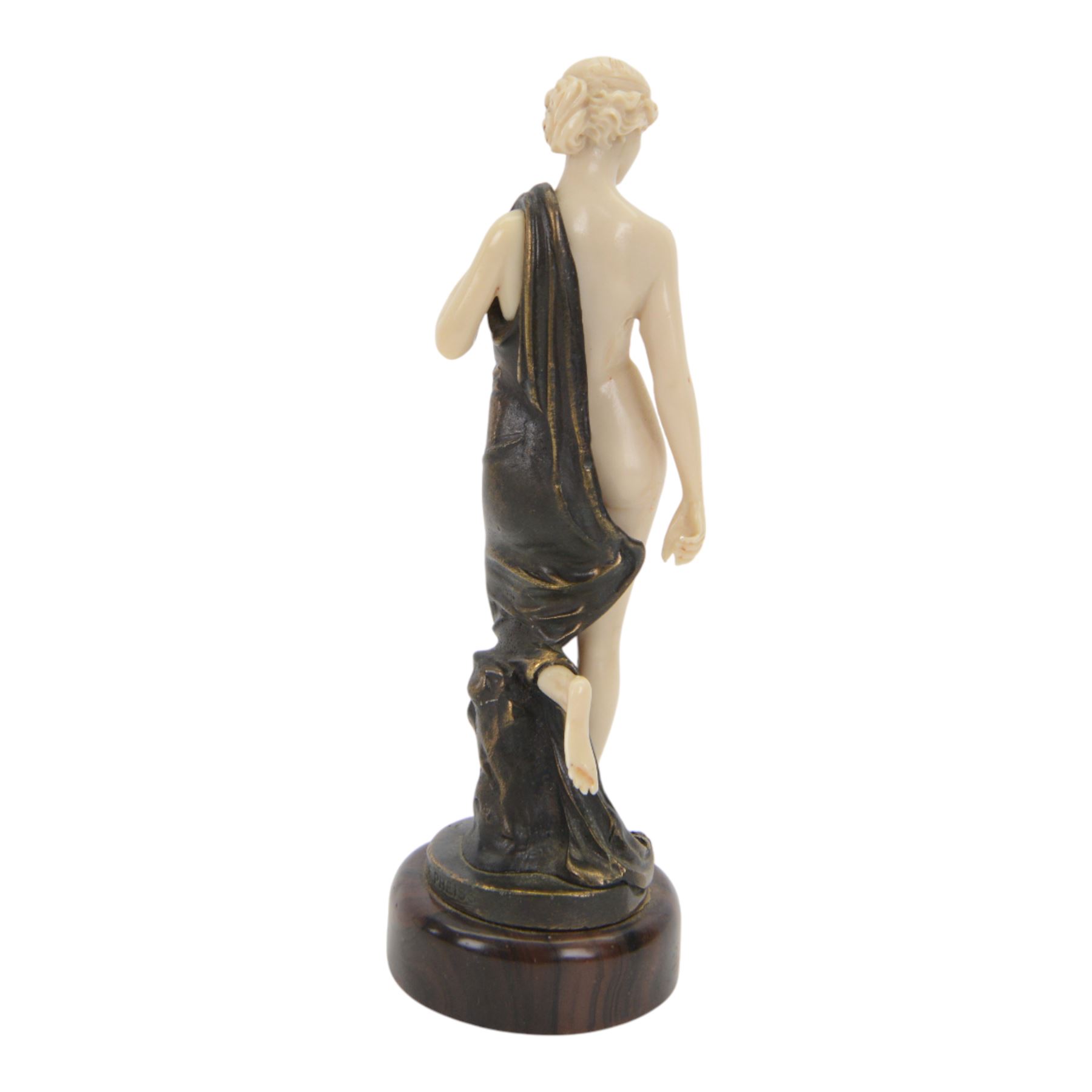 After Ferdinand Preiss: Art Deco style, composite semi nude classical female figure, raised upon circular base, H21cm