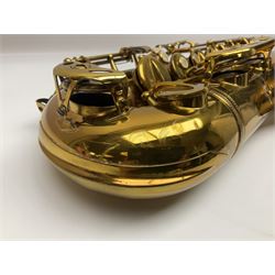 Mid-20th century French Henri Selmer Mark VI tenor saxophone, serial no.M.70644 for 1957, various French, English and American patent numbers, crudely stamped J.A.Brown twice to thumb rest; in fitted hard case with crook and other accessories including two Berg Larsen mouthpieces, reed cutter etc