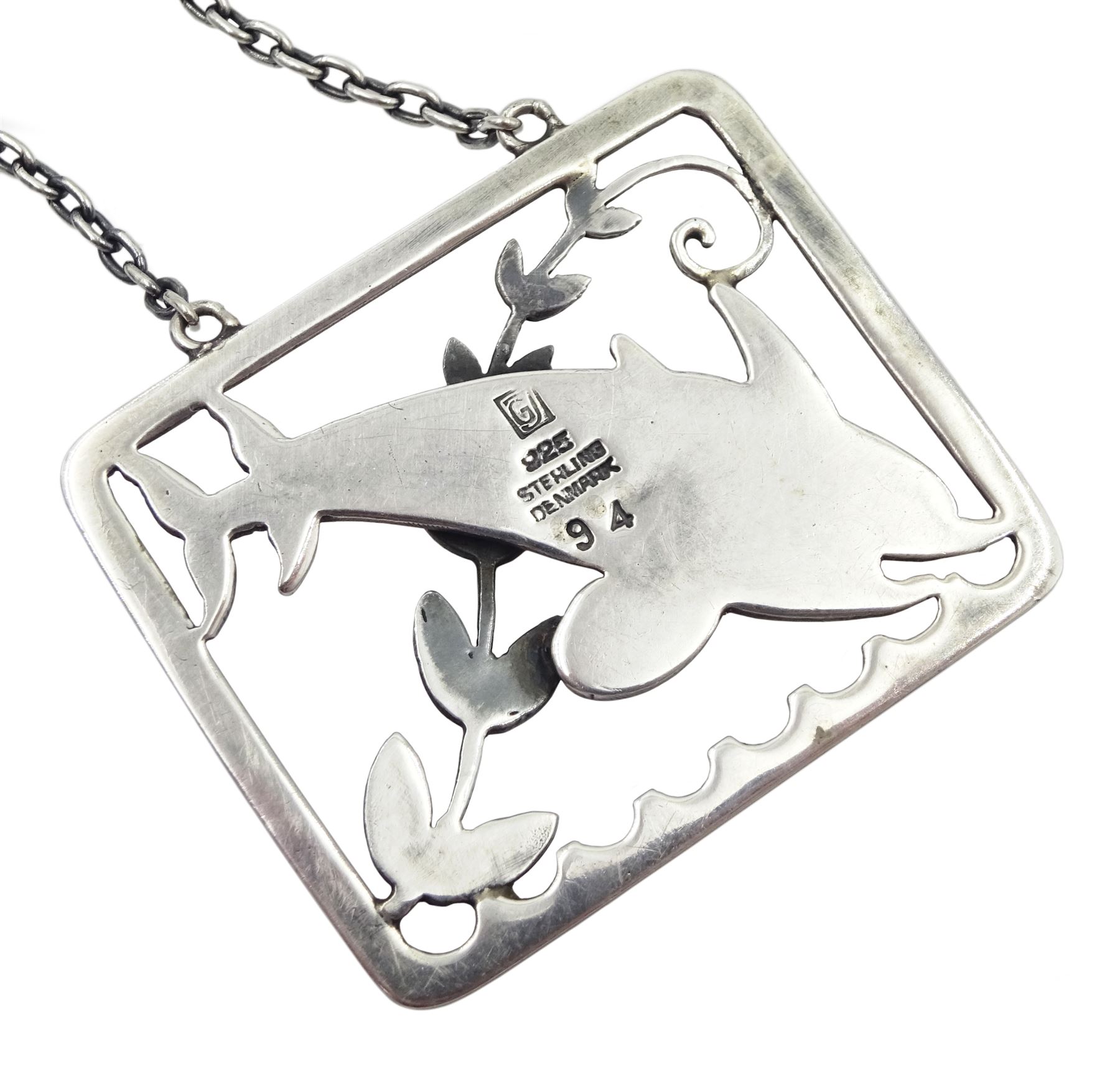 Silver double dolphin pendant necklace designed by Arno Malinowski for Georg Jensen, No. 94