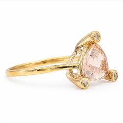 9ct rose gold morganite and diamond ring, set with a single trillion cut morganite and three bezel set round cut diamonds, Birmingham 2011