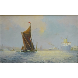  Sailing Boats off a Harbour, 20th century oil on canvas signed by Colin Moore 24cm x 40cm and Whitby Boat, oil on board unsigned 39.5cm x 49.5cm (2)  