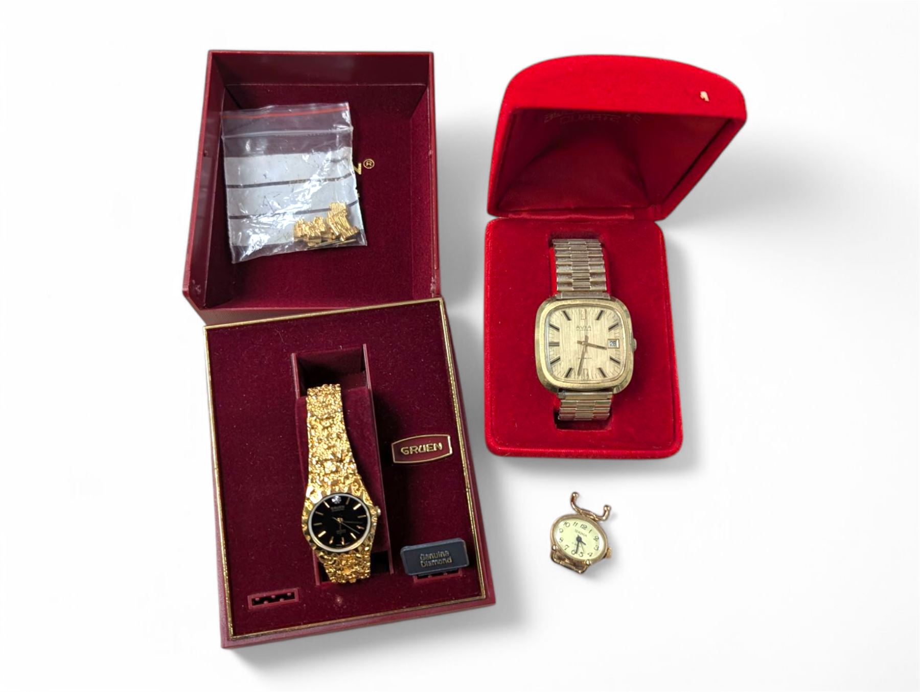 Gold plated Gruen ladies wristwatch, Sekonda watch face and a gentlemen's Avia 17 Jewels Incabloc wristwatch, both boxed