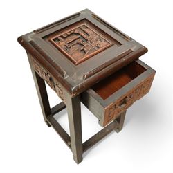 Carved hardwood nest of four occasional tables, each with rectangular top carved with figural scenes, on square supports with hoof terminals united by stretchers 